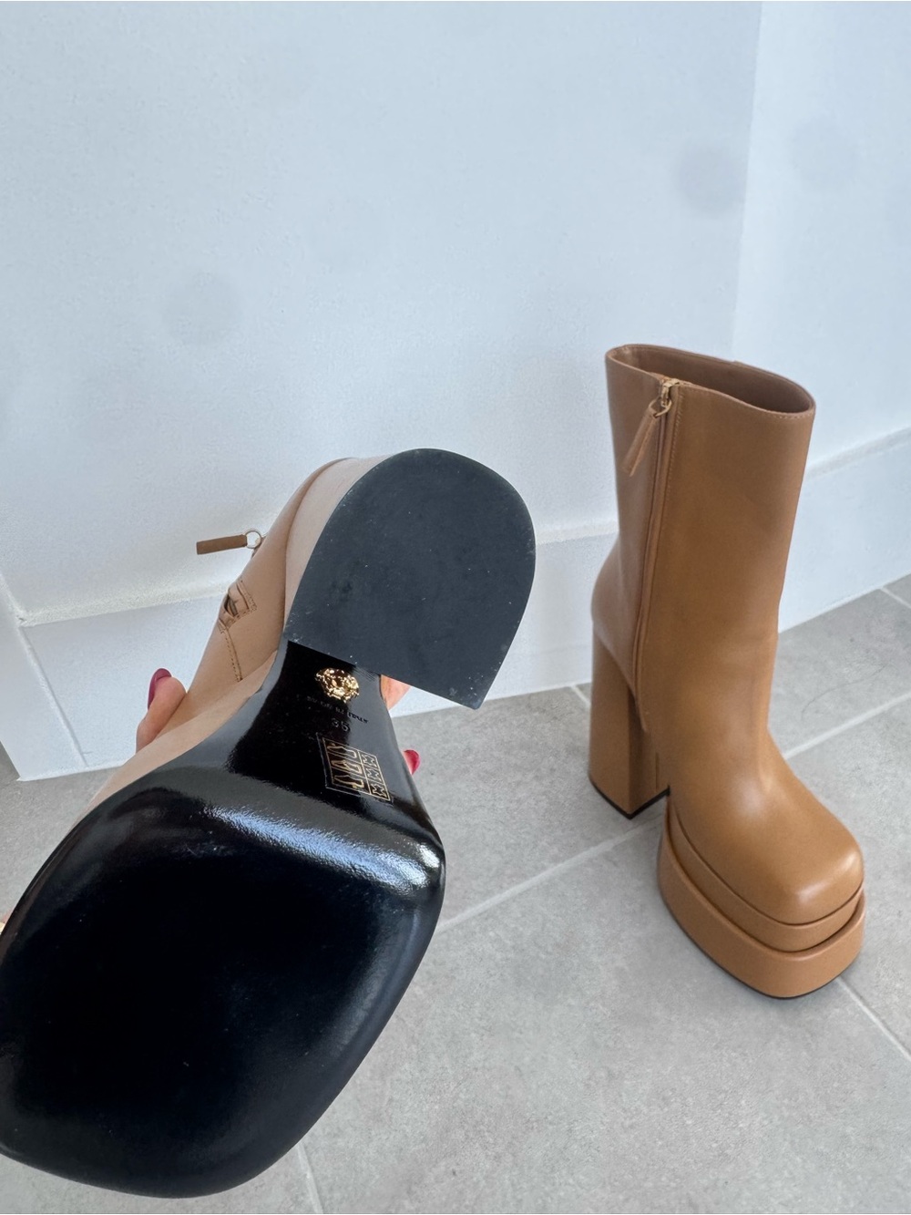 Versace Tan Brown Platform Ankle Boots - Picture 2 of 2